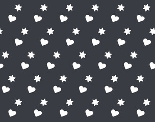 Pattern with  white hearts and stars  on black background. Wallpaper, background.