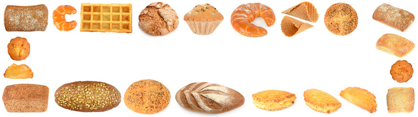 Set sweet bread products in form of frame isolated on white