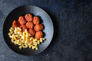 meatballs pasta tomato sauce second course pork beef lamb chicken meat on the table healthy meal top view copy space food background 
