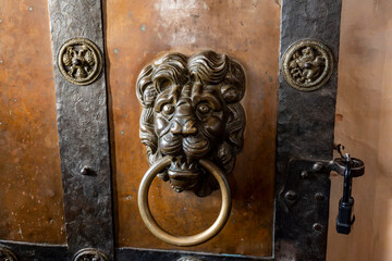 fragment of an antique door with forged inserts in the form of animals 