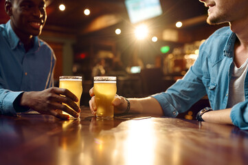 Two male friends drinks fresh beer in bar