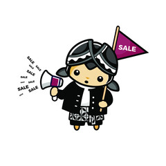 Cartoon javanese mascot with high flag of sale sign, use laptop and megaphone to promote