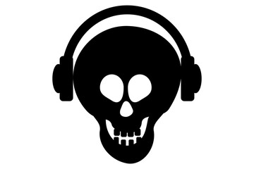 Black skull with earphones on white background.