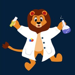 lion at school dressed in a white robe for a chemistry lesson. lion with test tubes and flask