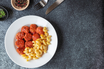 meatballs pasta tomato sauce second course pork beef lamb chicken meat on the table healthy meal top view copy space food background 