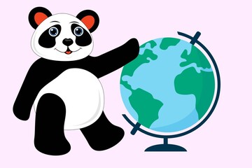 panda at school stands near the globe. layout of the earth