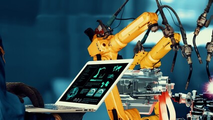 Smart industry robot arms modernization for innovative factory technology . Concept of automation...