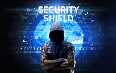 Faceless hacker at work, security concept