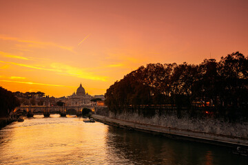 Rome, Italy. Papal Basilica Of St. Peter In The Vatican And Aelian Bridge In Sunset Sunrise