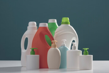 Set of cleaning products and liquid soaps