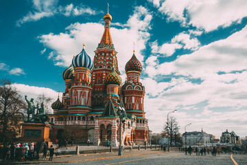Fototapeta na wymiar Moscow, Russia. Red Square, Saint Basil's Cathedral, Monument To Minin And Pozharsky. Destination Scenic Famous Landmark. UNESCO World Heritage Sites