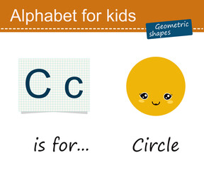 Alphabet for children. Geometric shapes, circle. Cartoon flat style