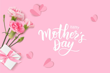 Happy Mothers day. Calligraphic greeting text. Holiday design template with realistic pink carnation flowers, gift box and paper hearts on pink background. Vector stock illustration. - 427061802