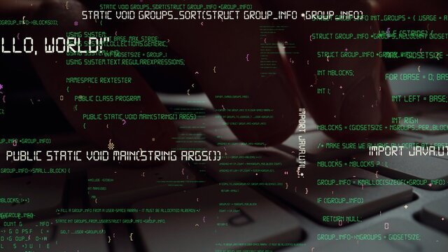 Creative visual of computer programming coding and software development shown by man working on computer keyboard with overlay of computer graphic displaying abstract program codes and computer script