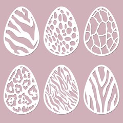 Patterns, spots, texture carved in egg. Vector illustration. Easter eggs for Easter holidays. Set of paper Easter egg stickers. Laser cut. Vector illustration. Pattern for the laser cut, plotter and s