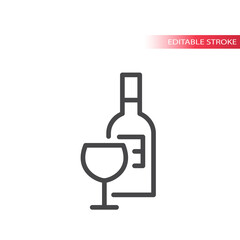 Wine bottle and glass line vector icon. Outline, editable stroke.