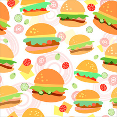 Bright vector seamless pattern. Various burgers, onion rings, slices of cheese, tomatoes, cucumbers, olives. For printing on fabric, packaging design