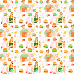Vector seamless pattern. Various hamburgers, a young girl, a young man in a green apron, onion rings, slices of cheese, tomatoes, cucumbers, olives. For printing on fabric, packaging design