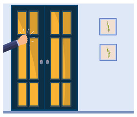 A knock on the door. The man's hand is knocking on the door. Please allow me to enter the room. A persistent businessman. The light is on. Vector 