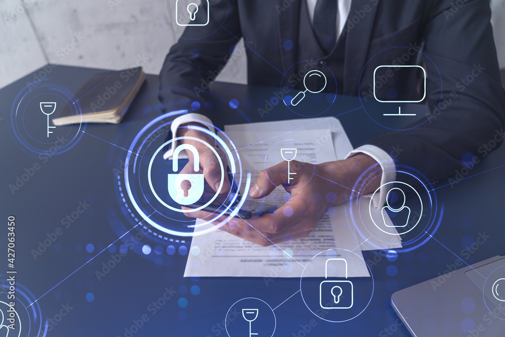 Aufkleber a businessman in formal wear reading the contract to prevent probability of risks in cyber security 