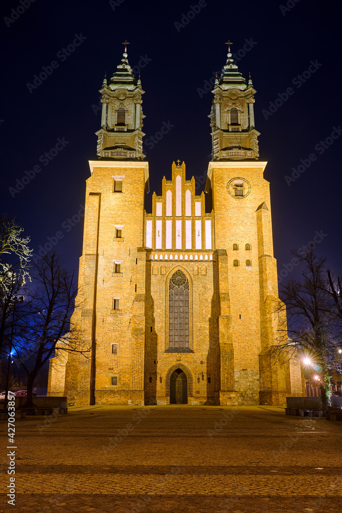 Wall mural the facade and bell towers of the historic gothic cathedral at night