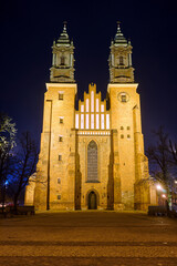 Fototapeta na wymiar the facade and bell towers of the historic Gothic cathedral at night