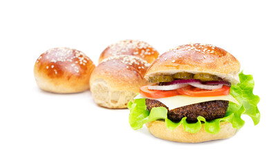 Cheeseburger isolated on a white background. Hamburger with cheese. Burger isolated. Copy space. Tasty dinner