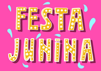 pink card with yellow lettering. Portuguese summer holiday Festa junina.