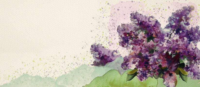 Llilac bouquet. Watercolor spring background