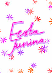 white card with pink lettering of the name of the holiday Festa Junina in Porto. white background with flowers and pink letters.
