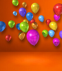 Colorful balloons group on orange wall background