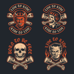 Fototapeta na wymiar Vector illustrations of a biker devil with a cigar, biker’s patch, and biker skull in the helmet. The design is perfect for logos, apparel designs, and many other uses. 
