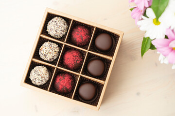 Congratulatory Chocolate Box assorted with bouquet of flowers. Handmade chocolates candy - gift for celebration