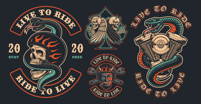 Set of color biker patches on a dark background. These vector illustrations are perfect for apparel designs, logos, and many other uses.
