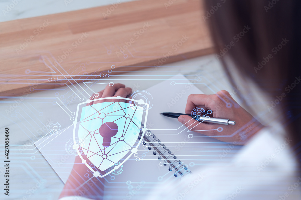 Poster businesswoman is taking notes of clients needs to protect cyber security from hacker attacks and sav