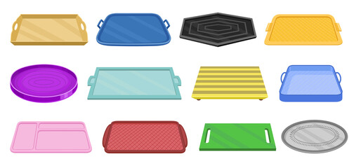 Tray for food vector cartoon icon set . Collection vector illustration tray for food on white ackground. Isolated cartoon illustration icon set of salver for web design.