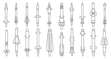 Ballistic missile vector outline set icon. Vector illustration military rocket on white background . Isolated outline set icon balistic missile.