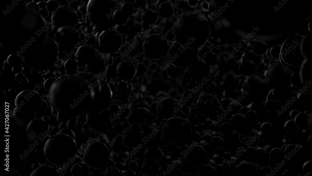 Poster tunnel of black reflective spheres. abstract dark 3d render geometric background with hovering balls