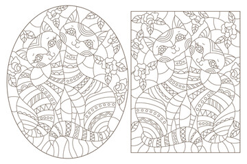 Set of contour illustrations in stained glass style with cute cartoon cats, dark outlines on a white background