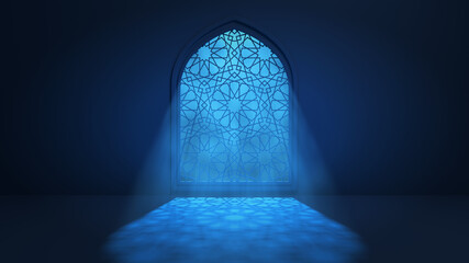 Moon light shine through the window into islamic mosque interior. Ramadan Kareem islamic background. 3d render illustration - 427067284