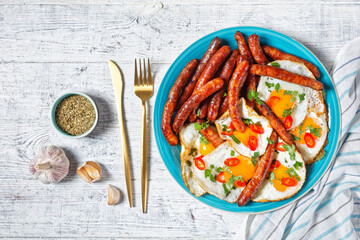 sausages with fried eggs on a plate, top view