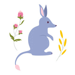 Bilby with flowers cartoon vector illustration. Australian cute marsupial animal. Easter aussie nature bunny bandicoot
