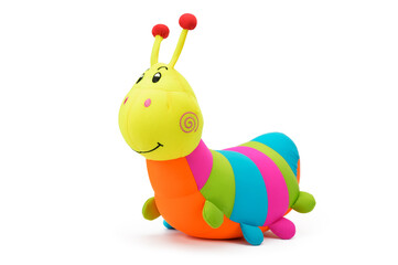 bright colored caterpillar toy made of fabric for children on a white isolated background