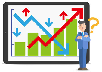 株価や業績等、上がったり下がったりするタブレットの情報を見て悩む小さなビジネスマン