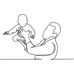 Continuous one line of family, father and little baby  in silhouette. Minimal style. Perfect for cards, party invitations, posters, stickers, clothing. Black abstract icon. Father's day concept