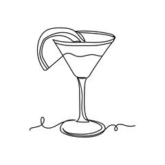 Continuous one line of glass of martini in silhouette. Minimal style. Perfect for cards, party invitations, posters, stickers, clothing. Black abstract icon. Drink concept