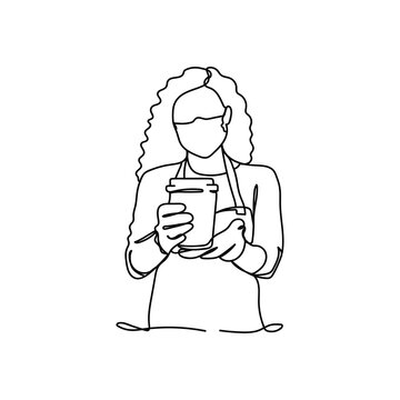 Continuous one line of employee wearing face mask and gloves while serving coffee in restaurant or cafe in silhouette. Minimal style. Perfect for cards, party invitations, posters, stickers, clothing