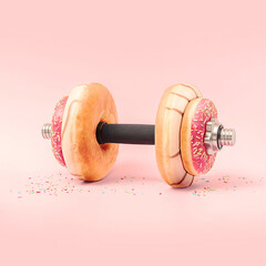  Creative concept for a healthy lifestyle.  Dumbbell with donuts on a pink background. - obrazy, fototapety, plakaty