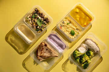 Weight loss diet balanced with fresh organic meal by delivery service of containers with healthy food, daily lunch box ready menu plan concept. Flat lay top view.