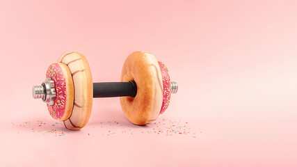 Creative concept for a healthy lifestyle.  Dumbbell with donuts on a pink background with copy space. - obrazy, fototapety, plakaty